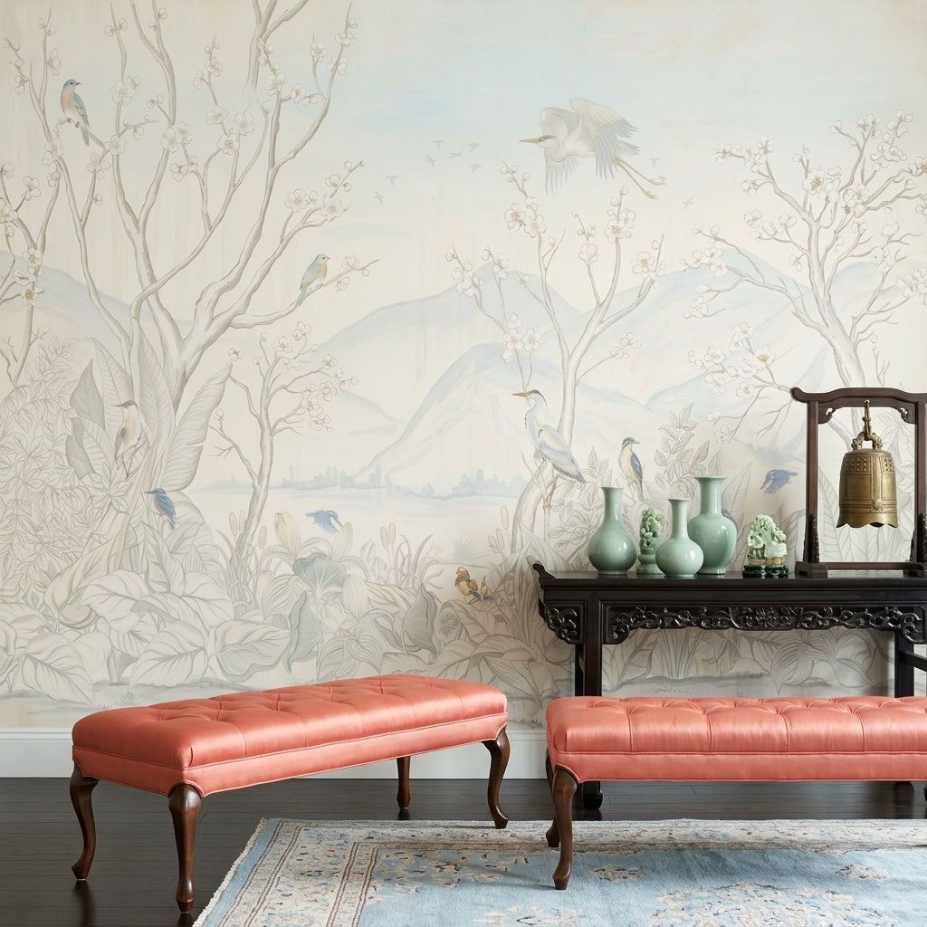 Landscape Mural Wallpaper Blossom Branches Removable Birds Wall Decor