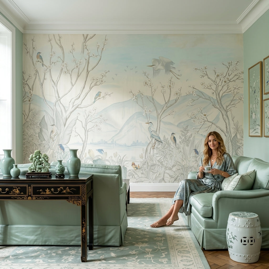 Landscape Mural Wallpaper Blossom Branches Removable Birds Wall Decor