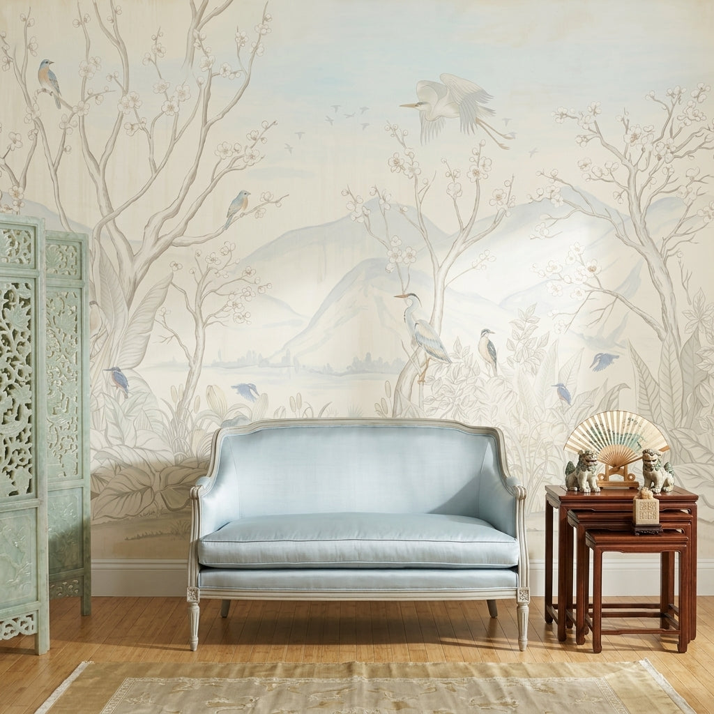 Landscape Mural Wallpaper Blossom Branches Removable Birds Wall Decor