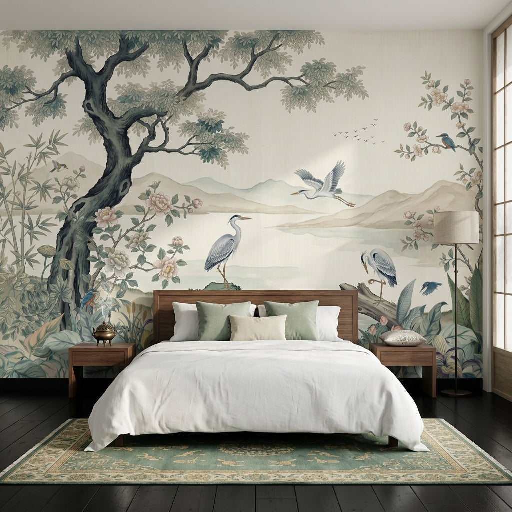 Scenic Landscape Wallpaper Lakeside Misty Mountains Removable Wall Decor