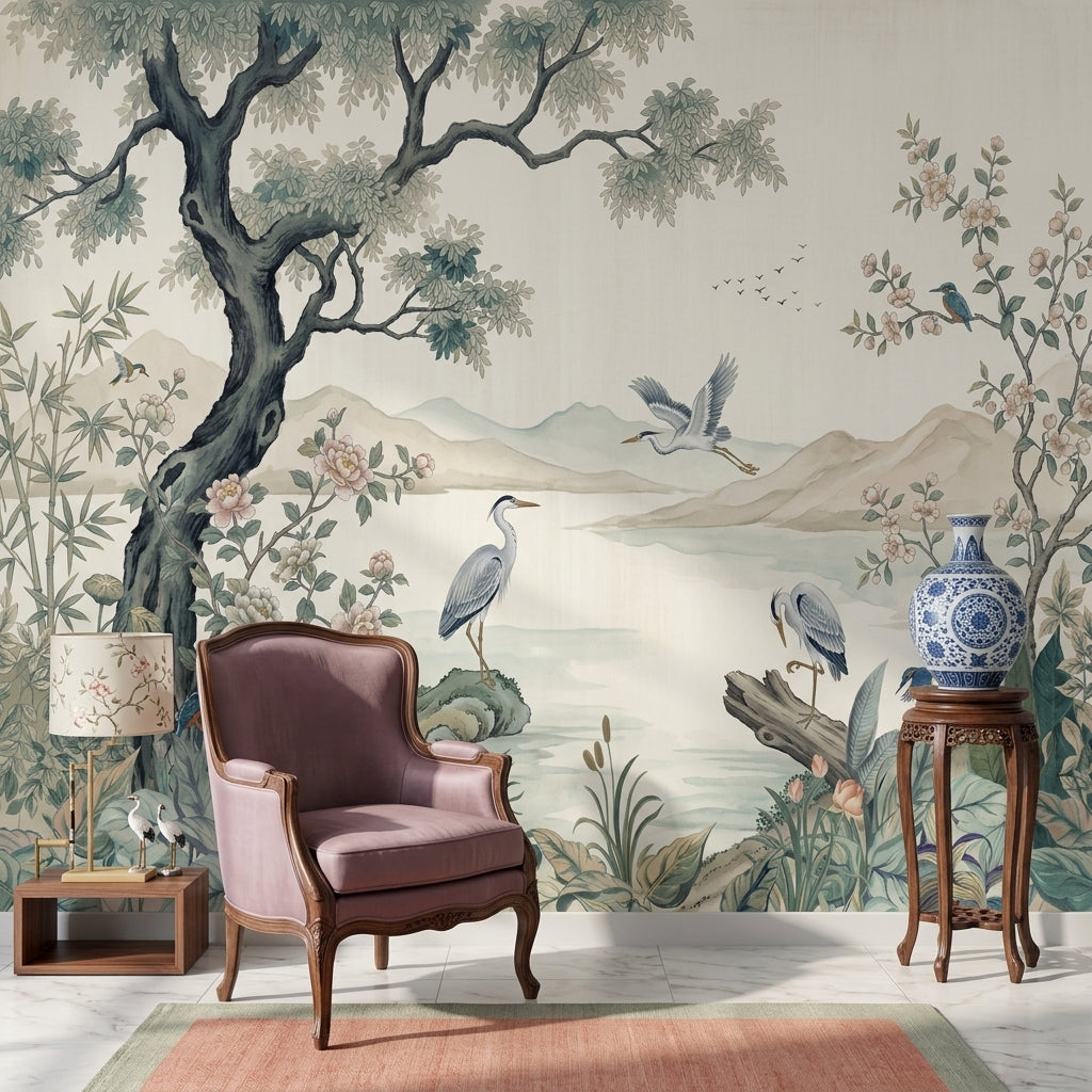 Scenic Landscape Wallpaper Lakeside Misty Mountains Removable Wall Decor
