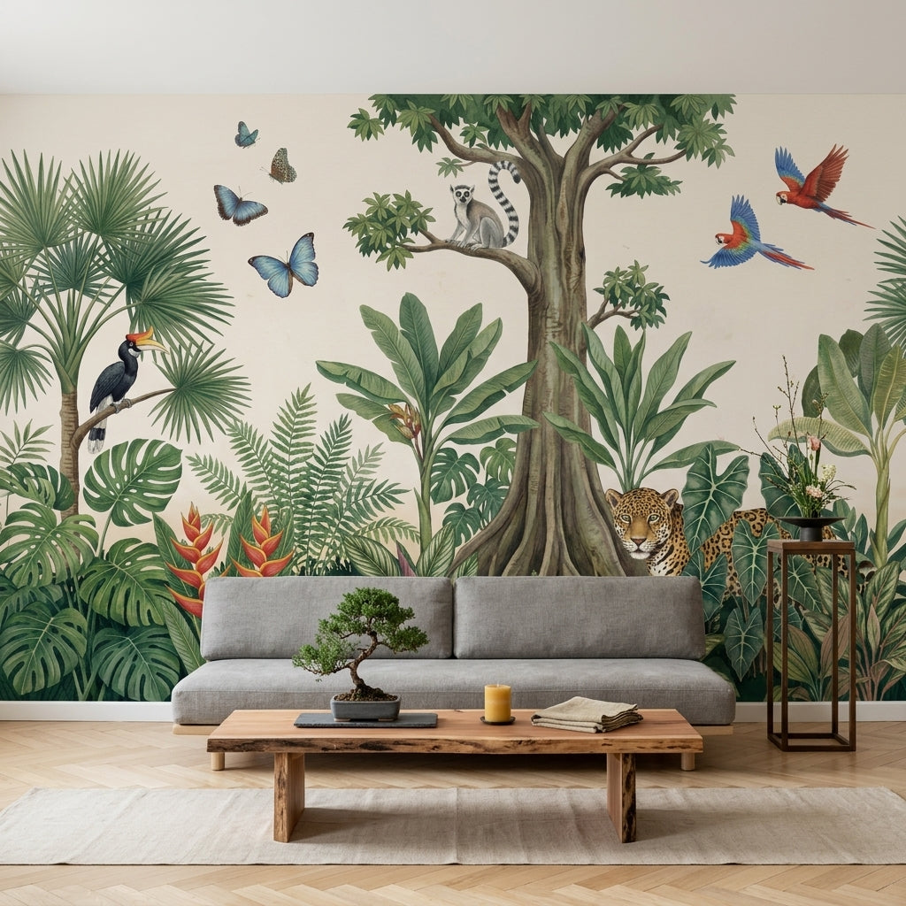 Tropical Jungle Wallpaper Rainforest Landscape Botanical Illustration Wall Mural