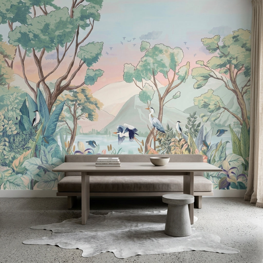 Pastel Landscape Mural Wallpaper Watercolor Botanical Birds And Herons Wall Mural