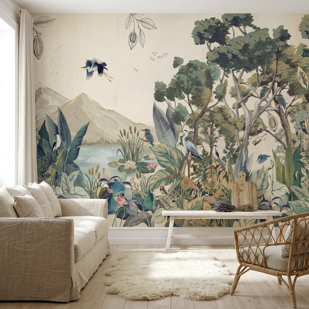 Lake Landscape Wallpaper Botanical Foliage Removable Birds Wall Decor