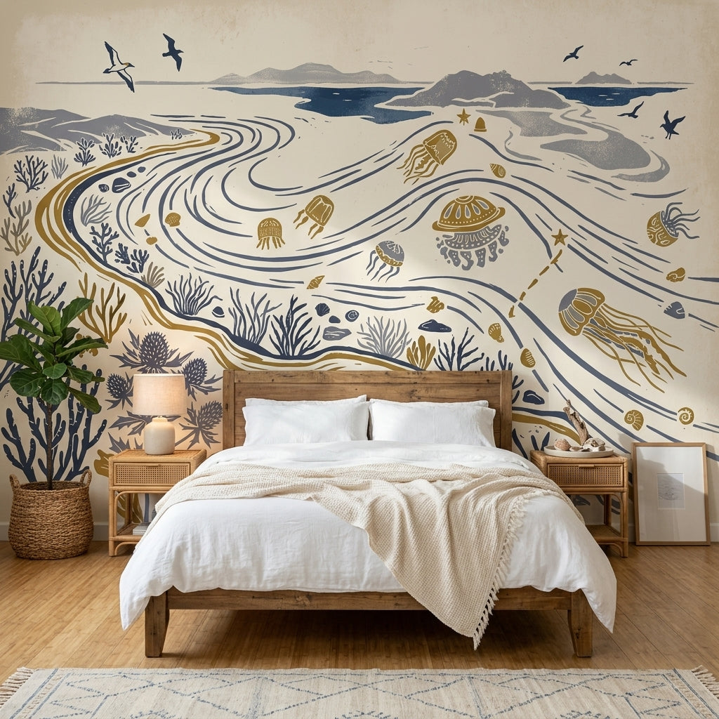 Coastal Landscape Wallpaper Ocean Currents Removable Nautical Illustration Wall Decor