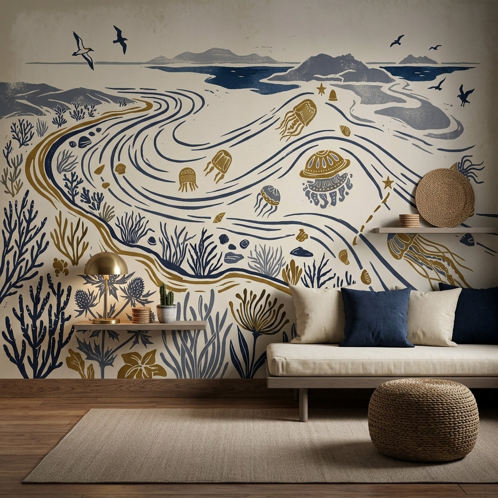 Coastal Landscape Wallpaper Ocean Currents Removable Nautical Illustration Wall Decor