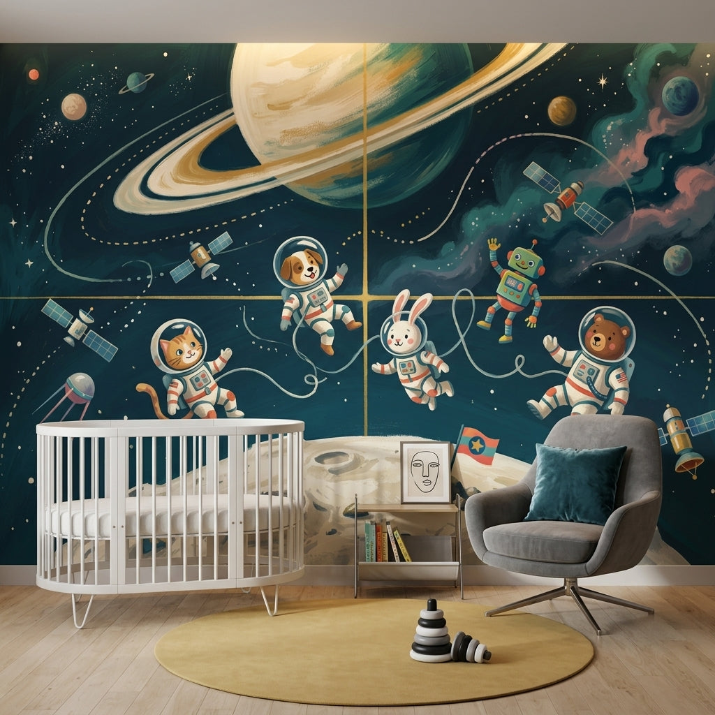 Astronaut Animals Wallpaper Dark Space Removable Ringed Planet Wall Decor