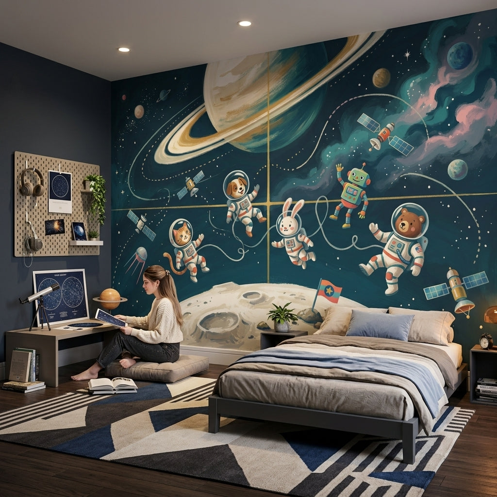 Astronaut Animals Wallpaper Dark Space Removable Ringed Planet Wall Decor