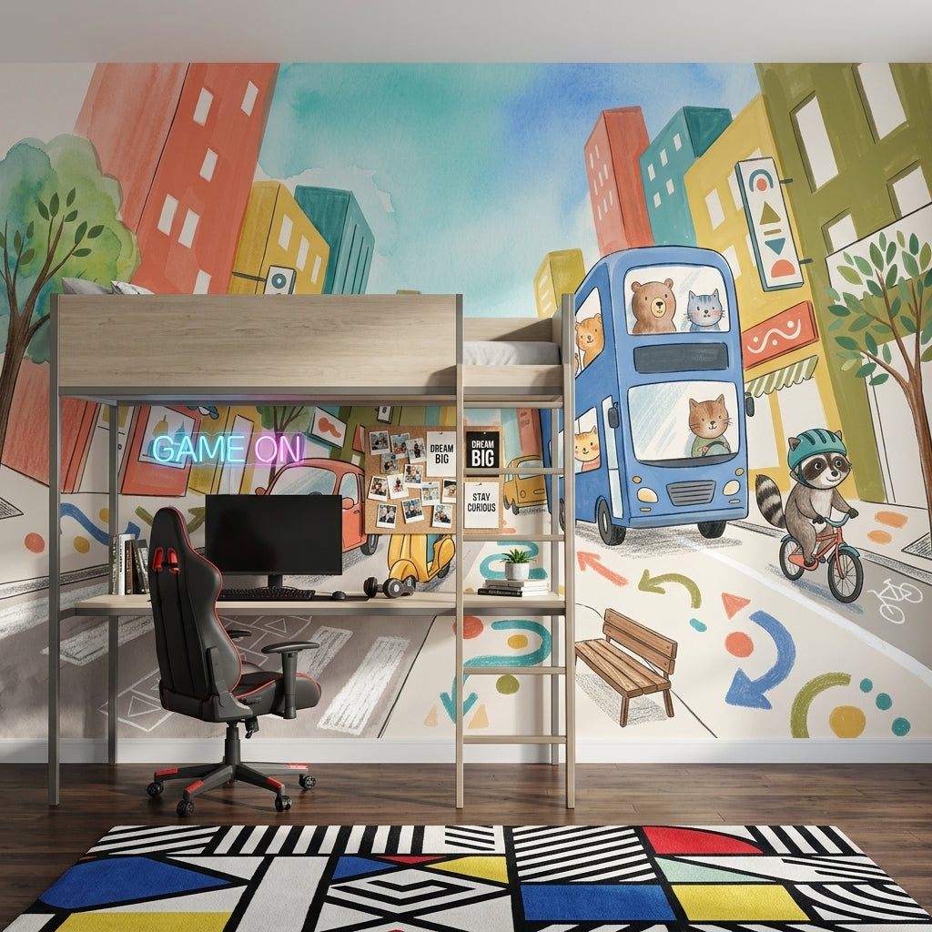 Playful City Wallpaper Double Decker Bus Kids Mural Removable Wall Decor