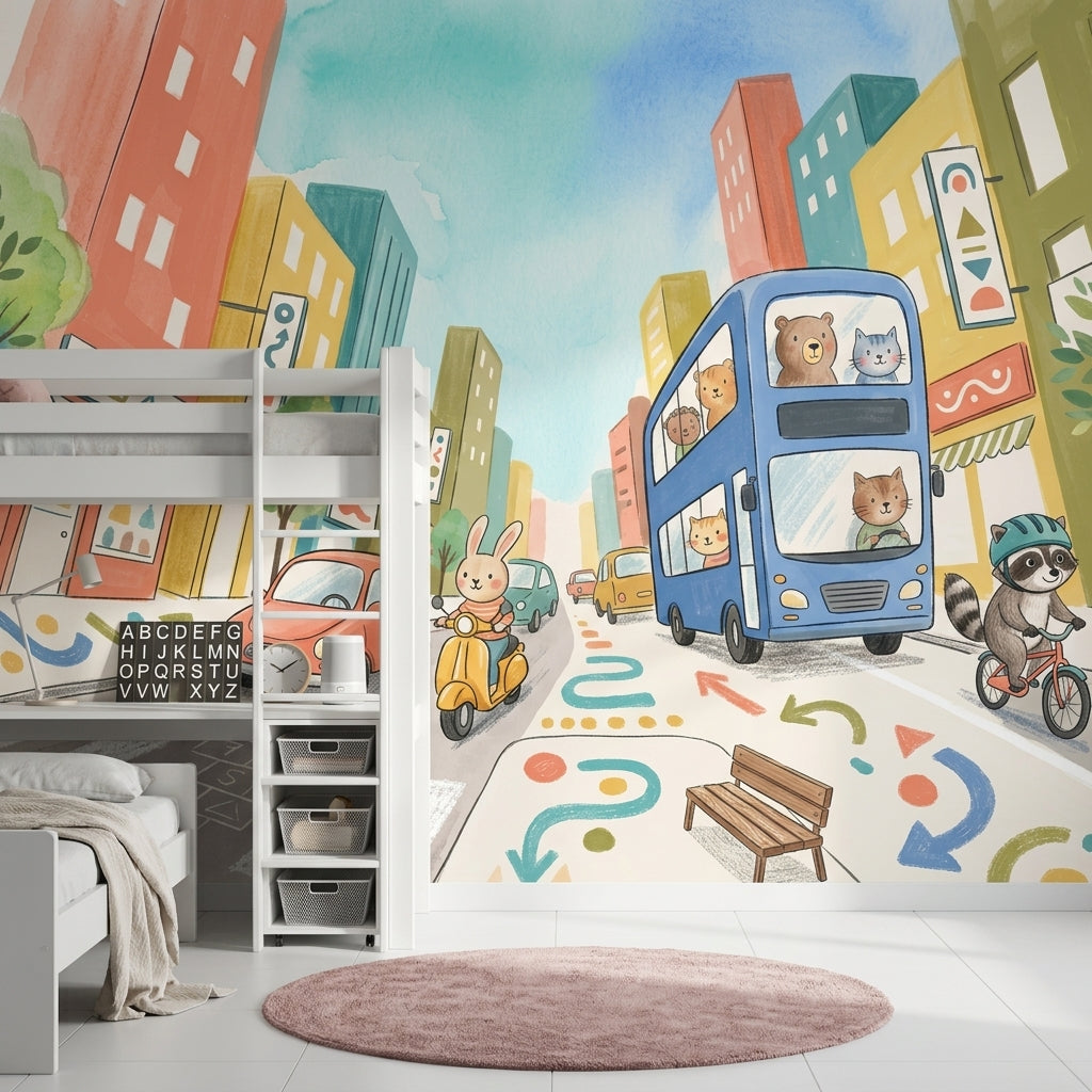 Playful City Wallpaper Double Decker Bus Kids Mural Removable Wall Decor