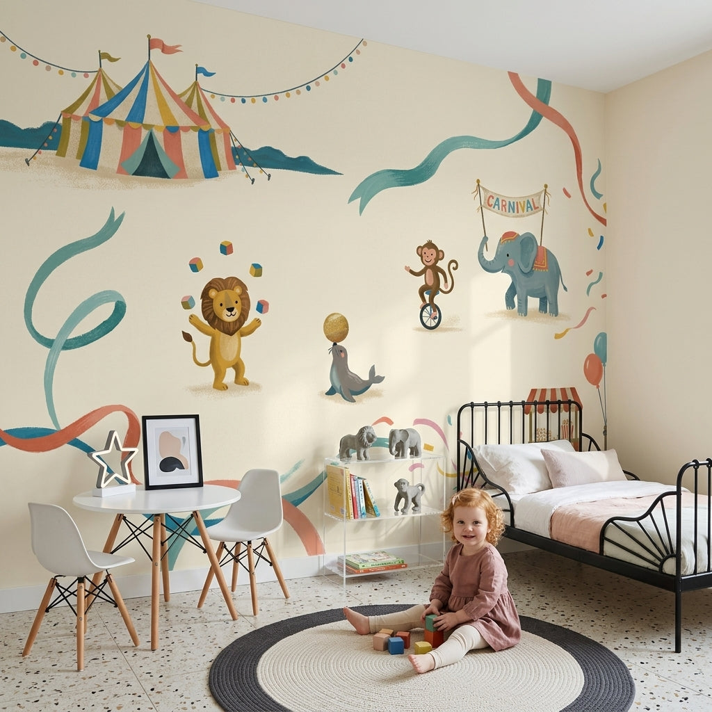 Carnival Wallpaper Circus Animals Cream Background Removable Wall Decor
