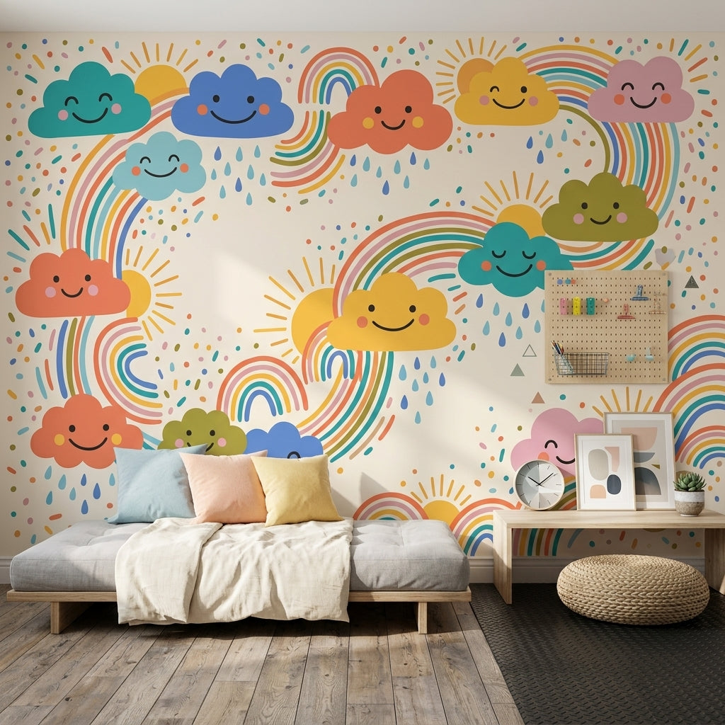 Cute Weather Wallpaper Smiling Clouds Removable Rainbows Wall Decor