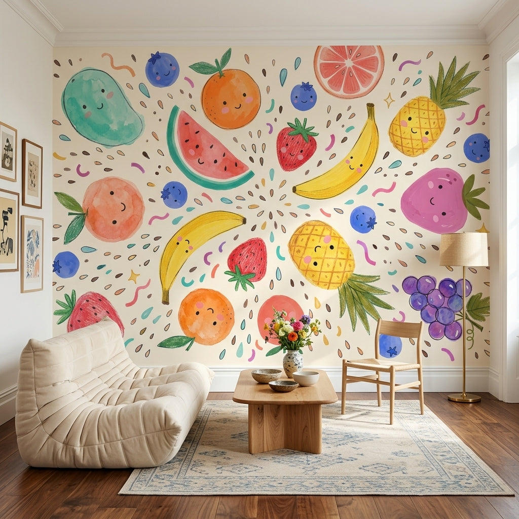 Watercolor Fruit Wallpaper Playful Kawaii Faces Removable Whimsical Illustration Wall Decor