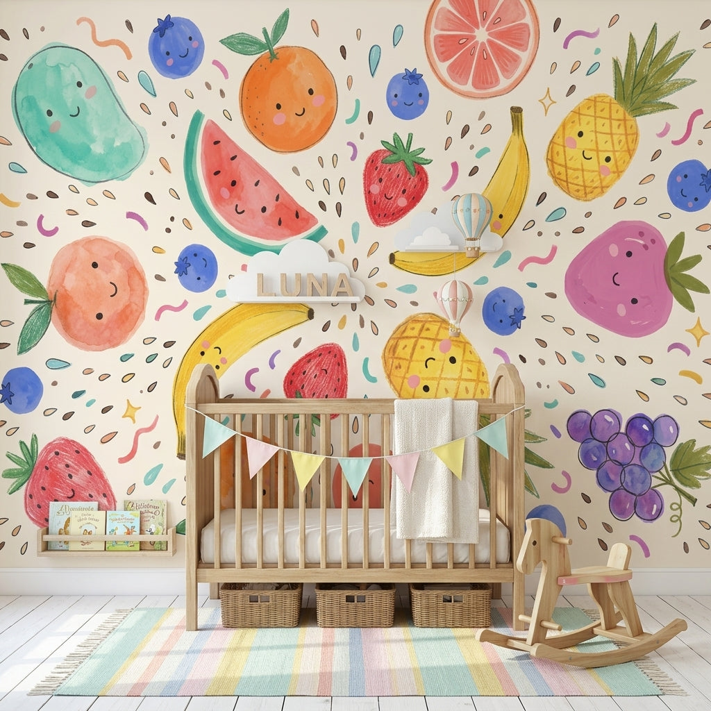 Watercolor Fruit Wallpaper Playful Kawaii Faces Removable Whimsical Illustration Wall Decor