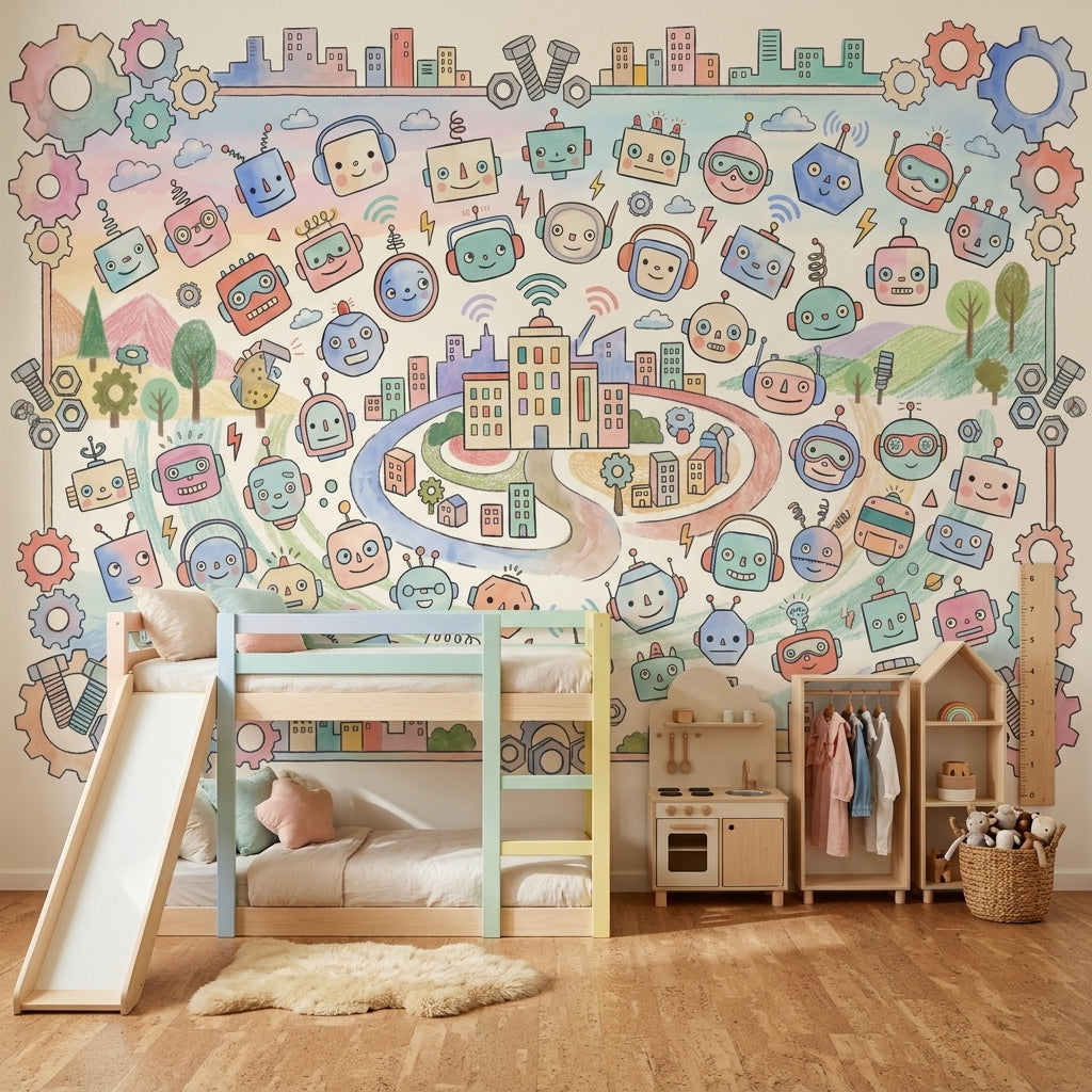 Robots Wallpaper Gears Cityscape Removable Wall Decor