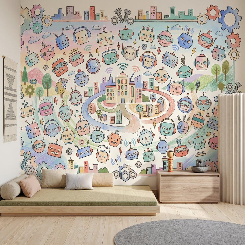 Robots Wallpaper Gears Cityscape Removable Wall Decor