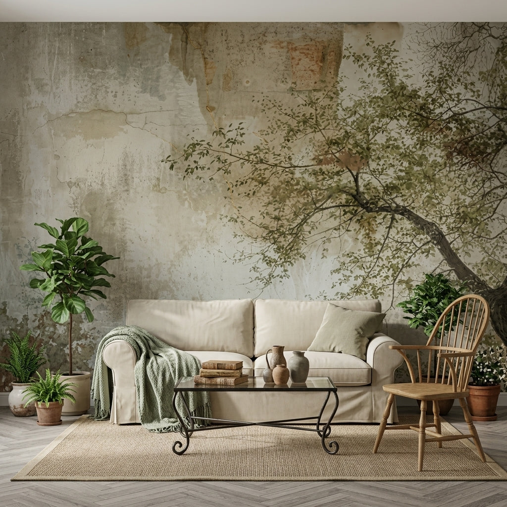 Tree Branches Wallpaper Delicate Leaves Removable Aged Plaster Wall Wall Decor