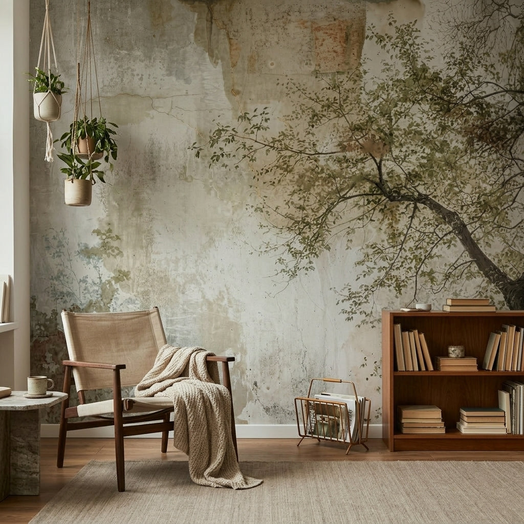 Tree Branches Wallpaper Delicate Leaves Removable Aged Plaster Wall Wall Decor