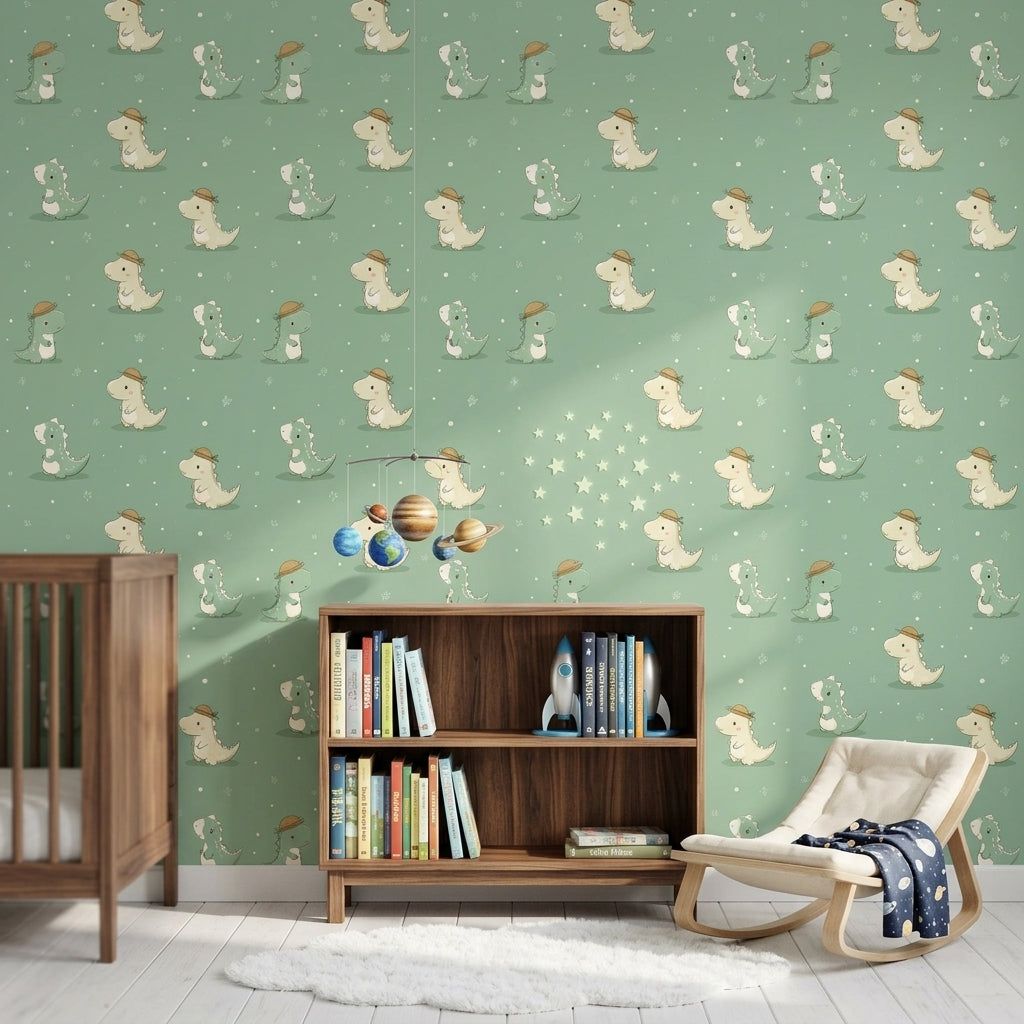 Cute Dinosaurs Wallpaper Nursery Wallpaper Sage Green Background Decorative Mural