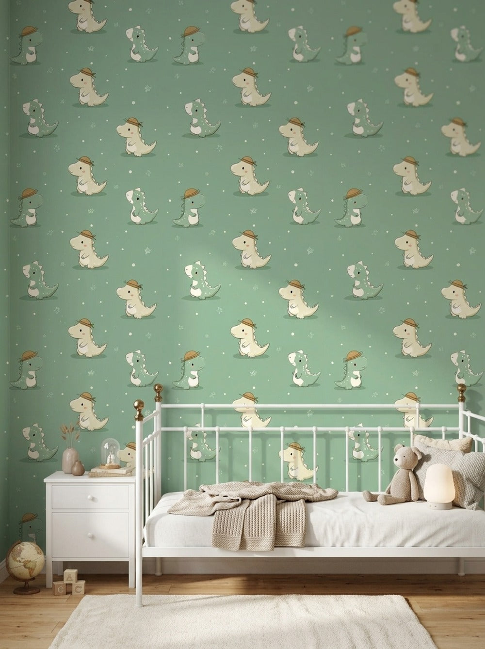 Cute Dinosaurs Wallpaper Nursery Wallpaper Sage Green Background Decorative Mural