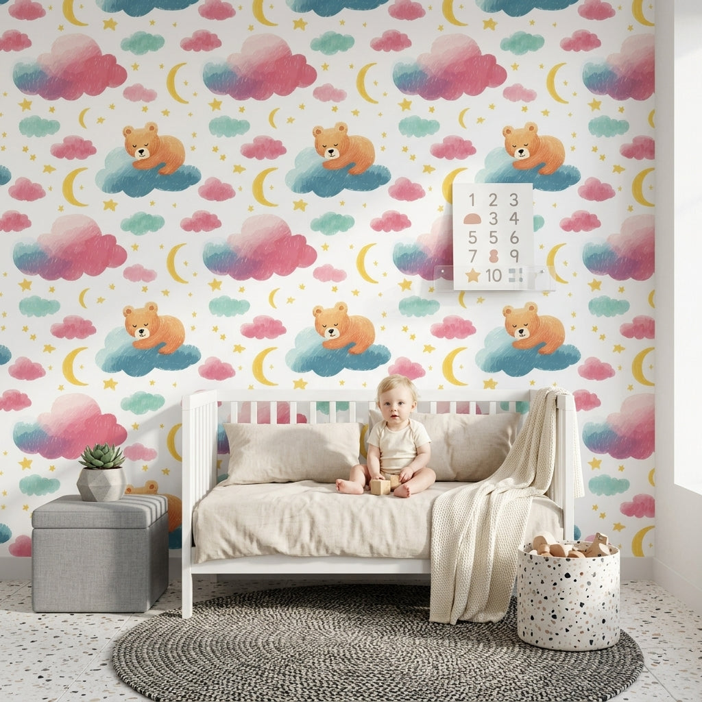 Nursery Wallpaper Sleeping Bear Whimsical Removable Wall Decor