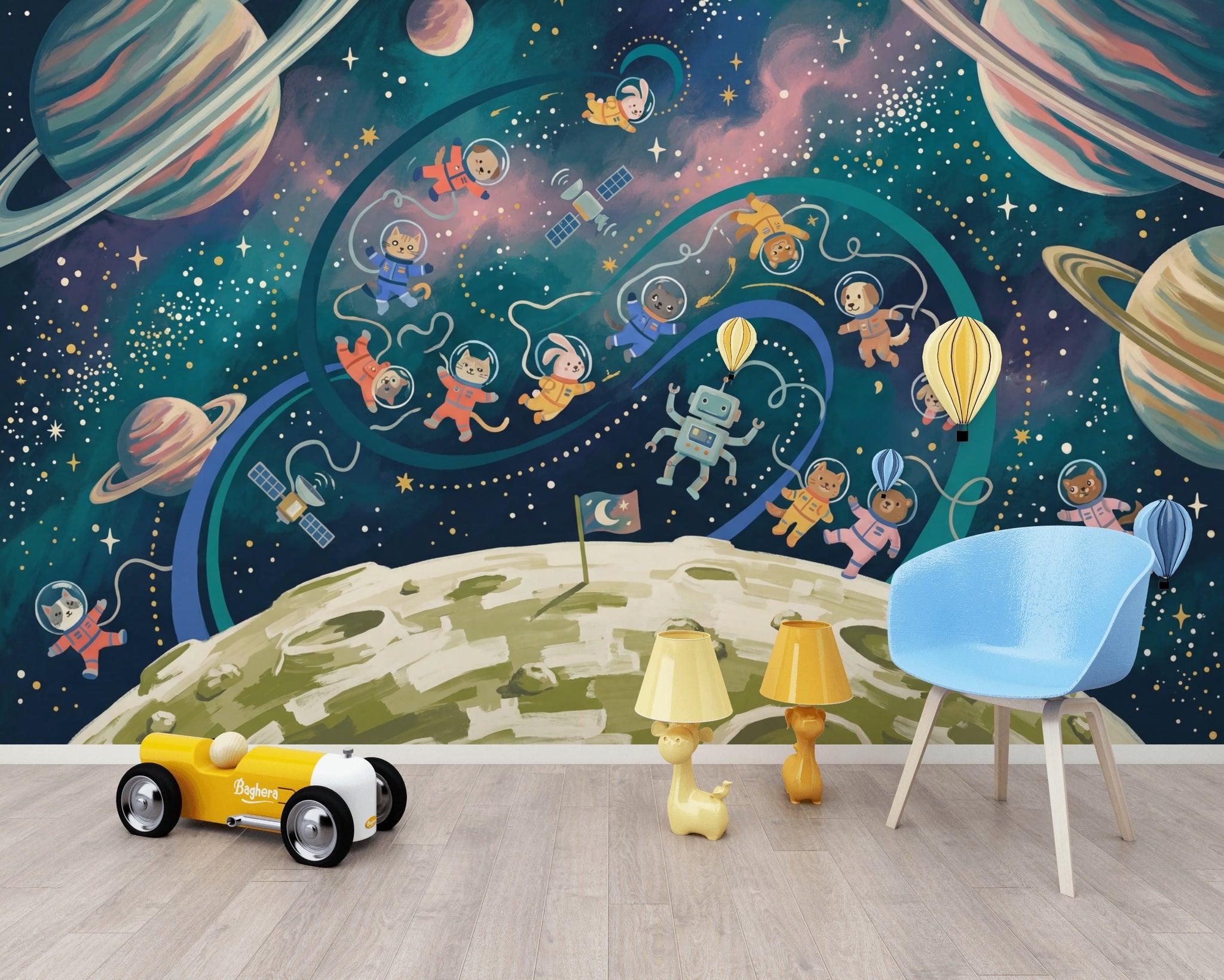 Astronaut Animals Wallpaper Planets With Rings Starry Sky Wall Mural