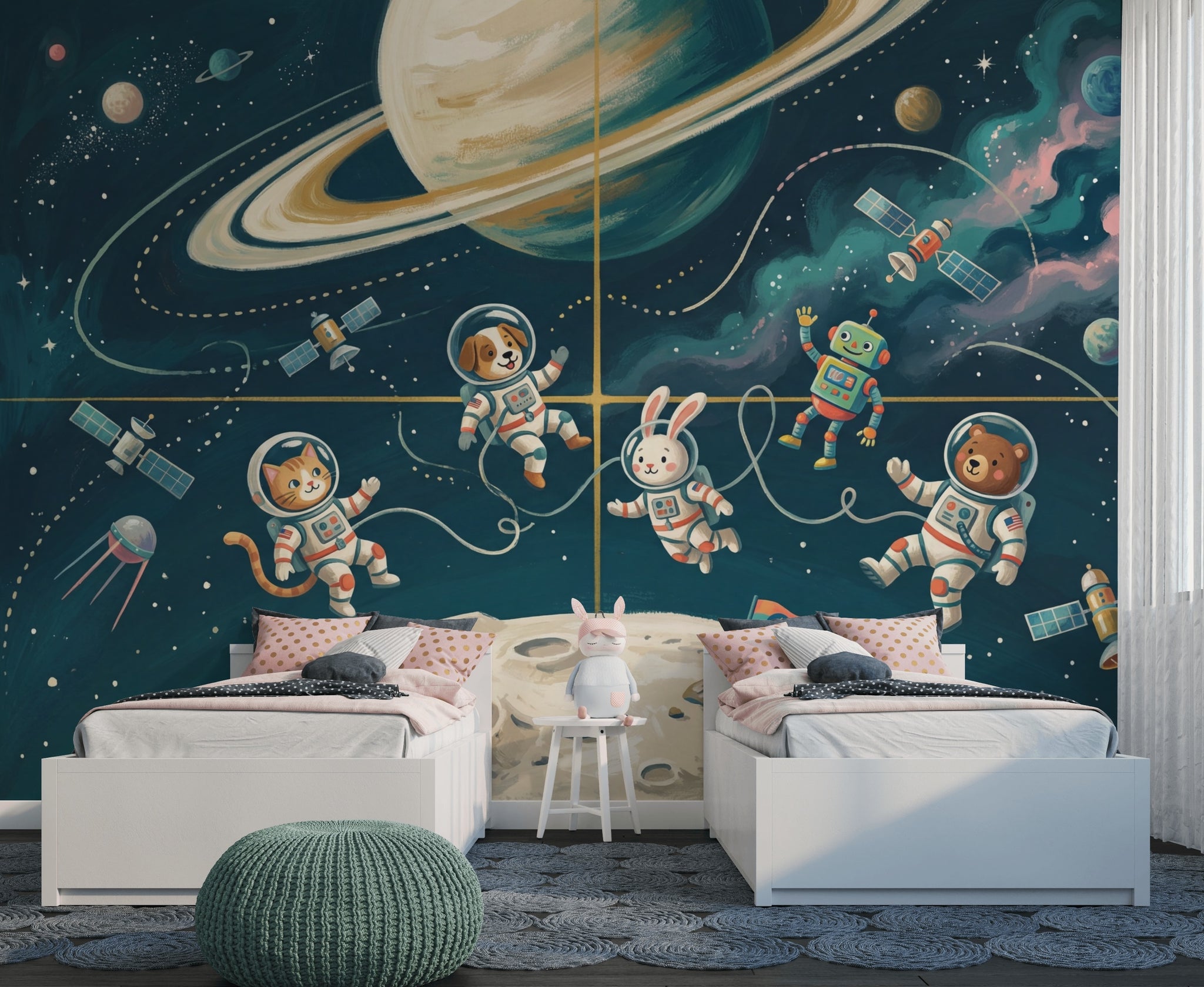 Astronaut Animals Wallpaper Dark Space Removable Ringed Planet Wall Decor