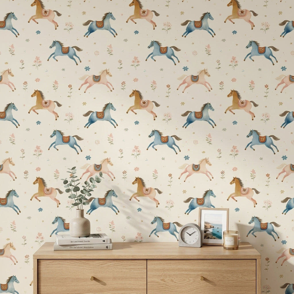Whimsical Horses Wallpaper Watercolor Removable Pastel Wall Decor