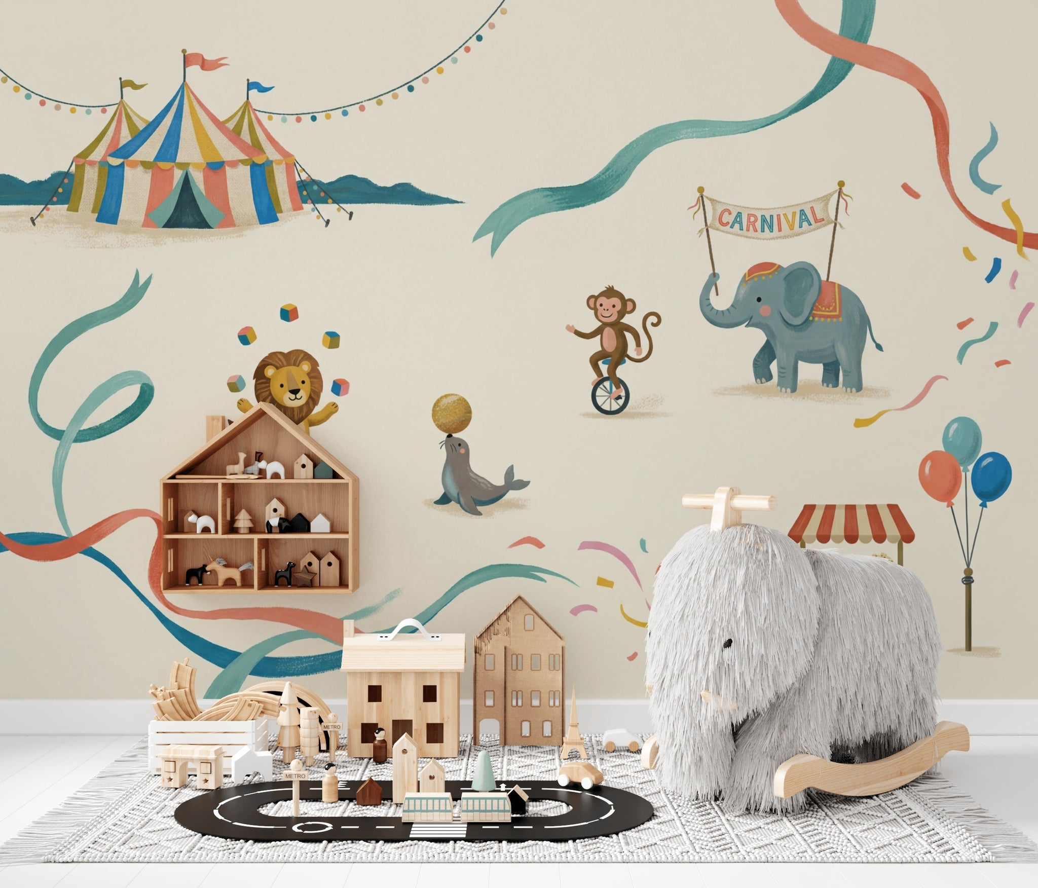 Carnival Wallpaper Circus Animals Cream Background Removable Wall Decor