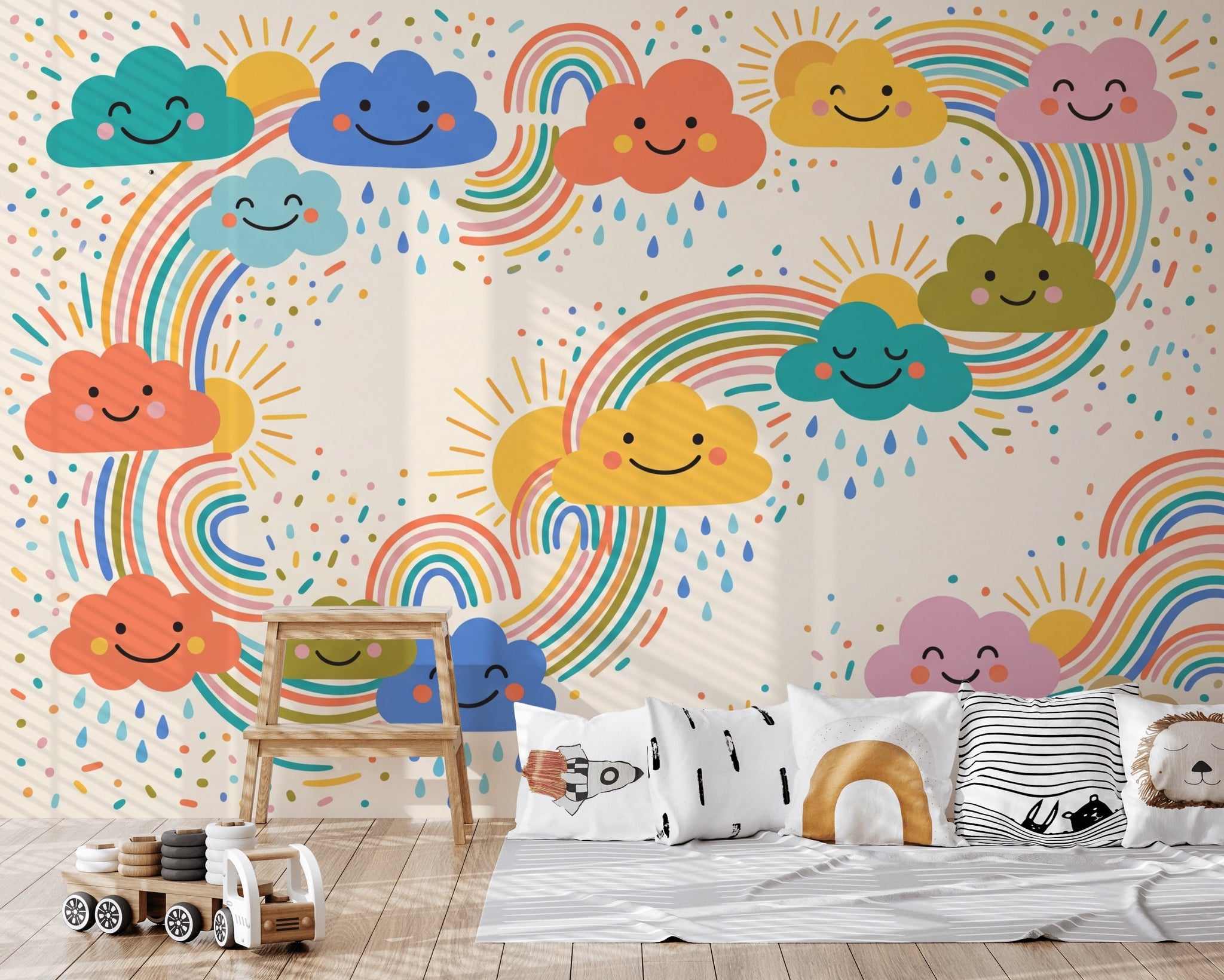 Cute Weather Wallpaper Smiling Clouds Removable Rainbows Wall Decor