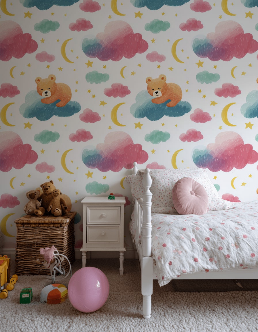 Nursery Wallpaper Sleeping Bear Whimsical Removable Wall Decor