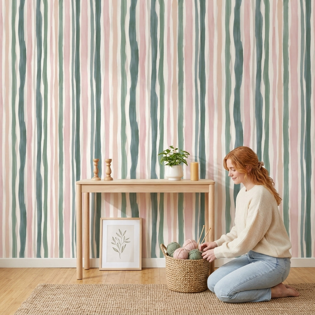 Abstract Stripes Wallpaper Watercolor Vertical Bands Decorative Mural
