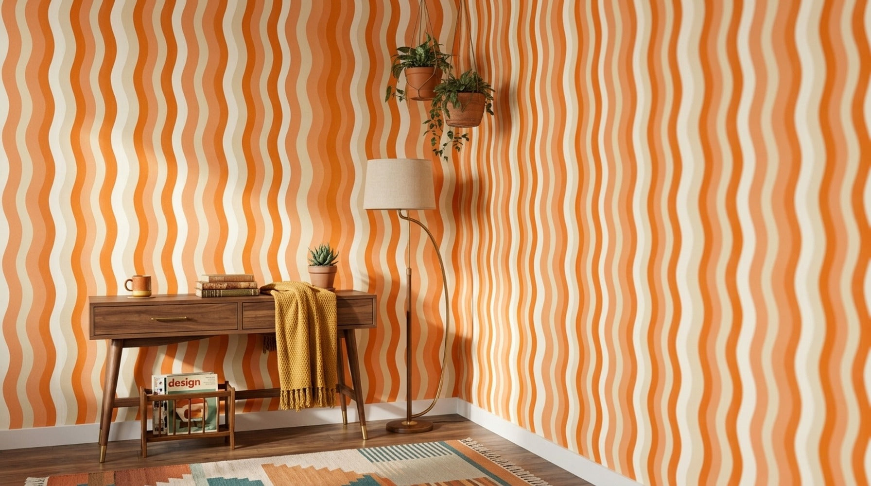 Wavy Stripes Wallpaper Abstract Removable Orange And Cream Wall Decor