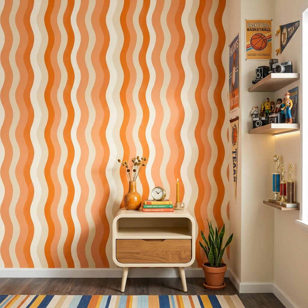Wavy Stripes Wallpaper Abstract Removable Orange And Cream Wall Decor
