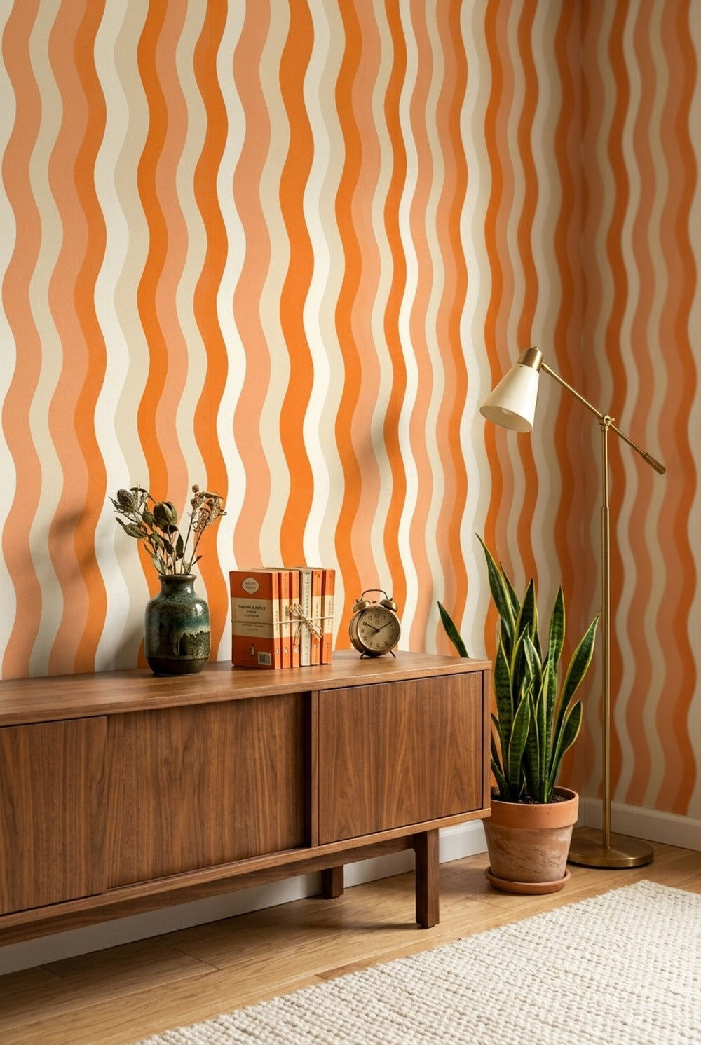 Wavy Stripes Wallpaper Abstract Removable Orange And Cream Wall Decor