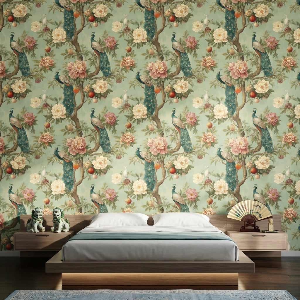 Peacock Wallpaper Floral Removable Peonies Wall Decor