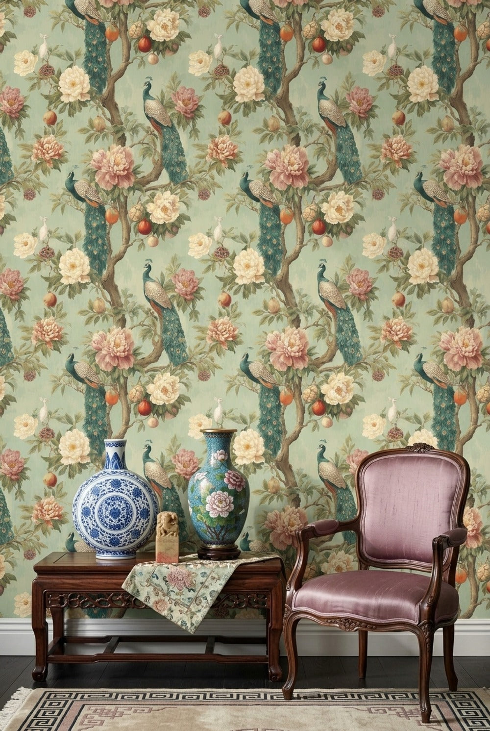 Peacock Wallpaper Floral Removable Peonies Wall Decor