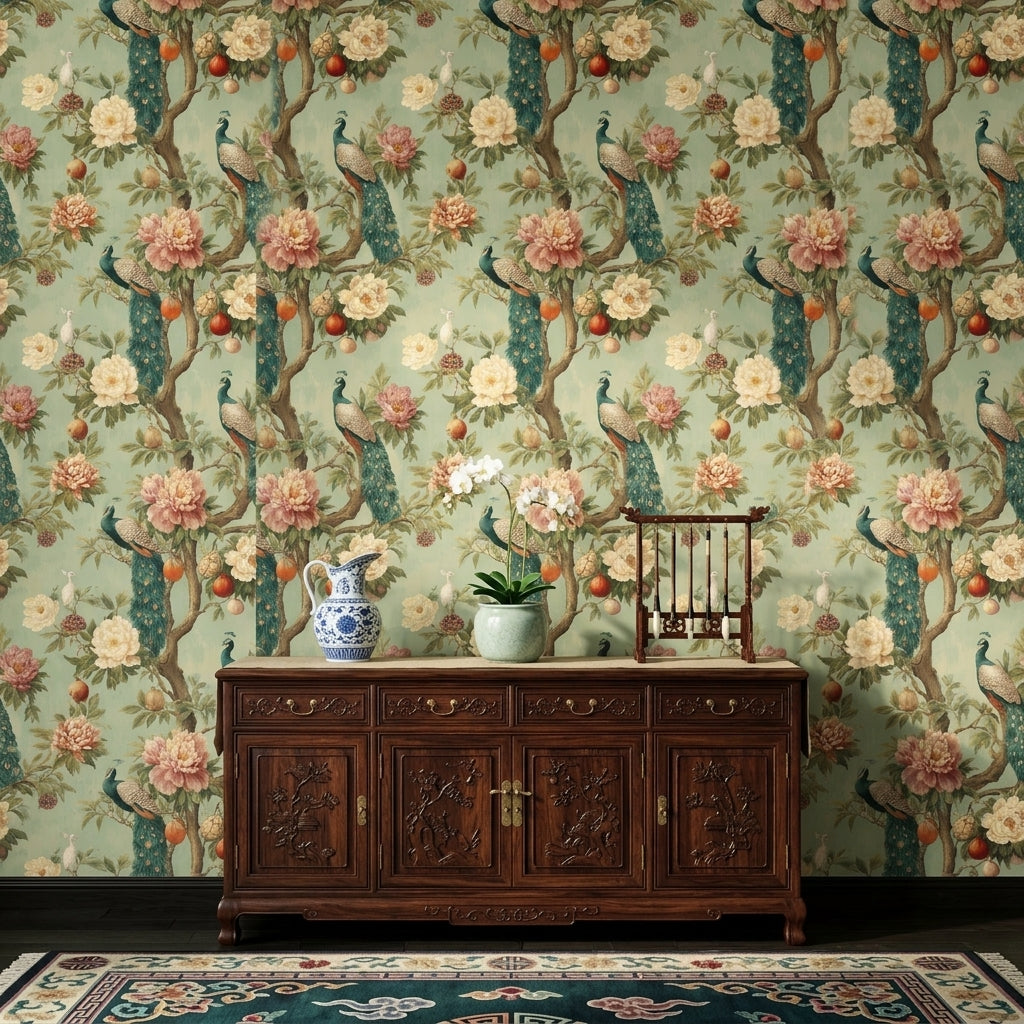 Peacock Wallpaper Floral Removable Peonies Wall Decor