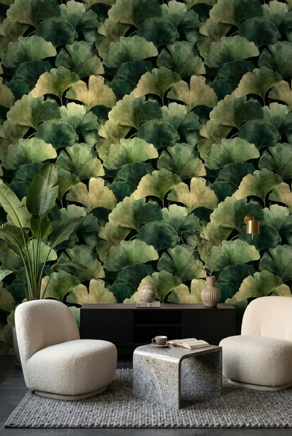 Dark Botanical Wallpaper Ginkgo Leaves Green Foliage Removable Wall Decor