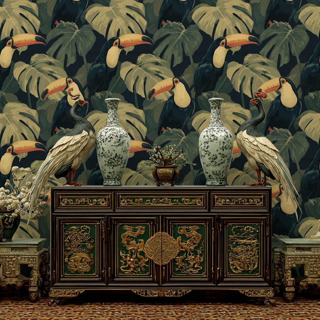 Dark Tropical Wallpaper Toucan Jungle Leaves Removable Wall Decor