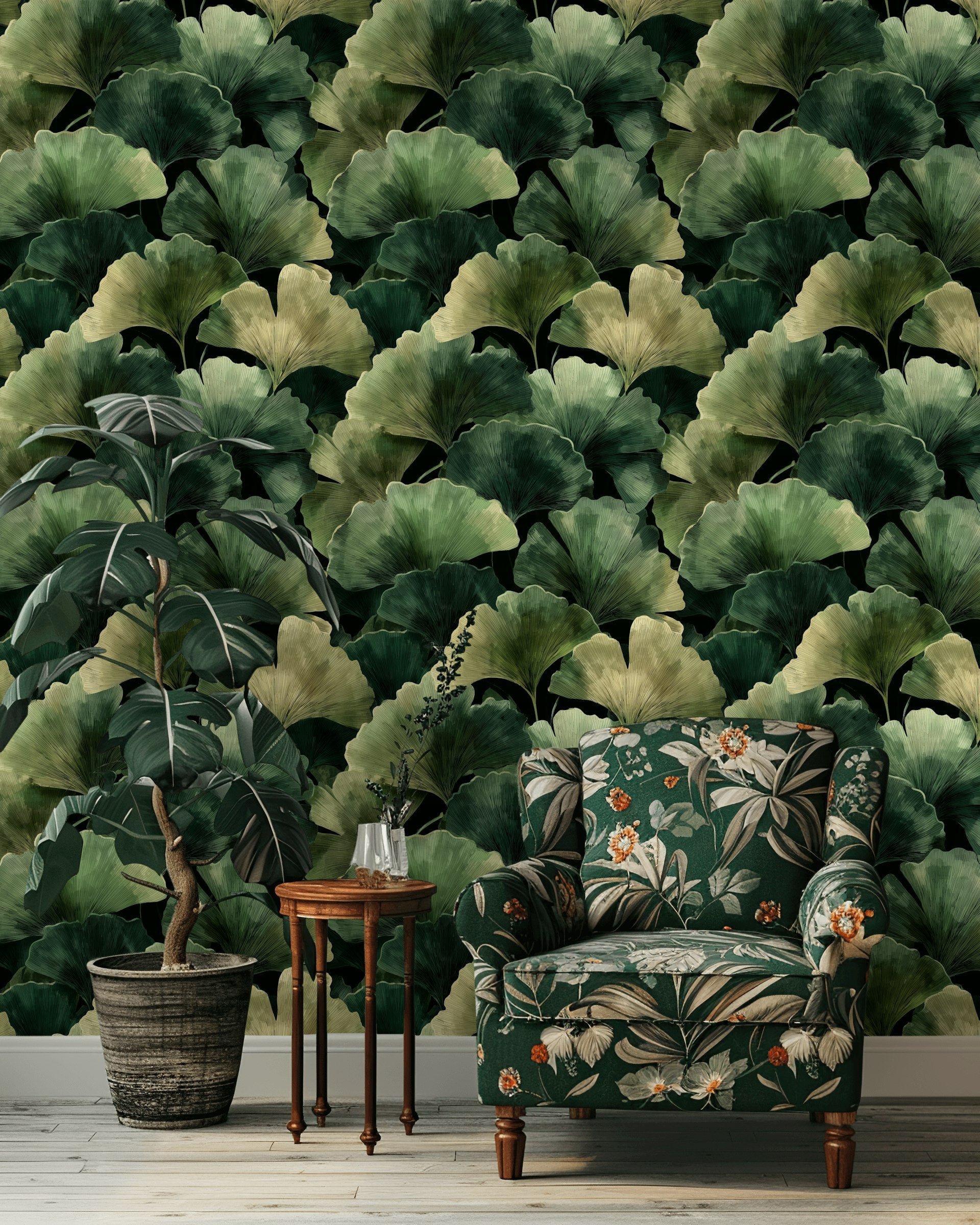 Dark Botanical Wallpaper Ginkgo Leaves Green Foliage Removable Wall Decor