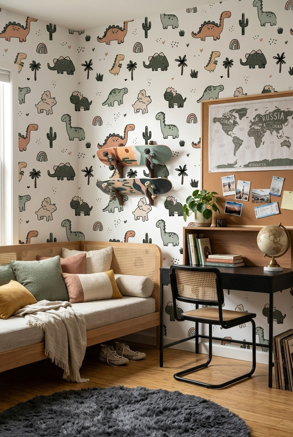 White Background Wallpaper Dino Print Kids Room Removable Wall Decor