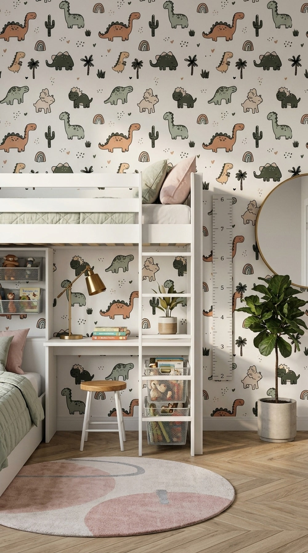 White Background Wallpaper Dino Print Kids Room Removable Wall Decor