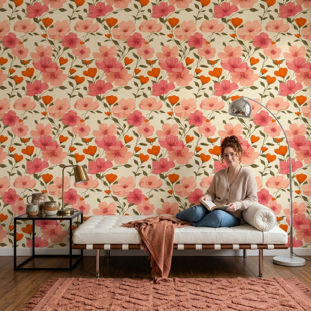 Floral Wallpaper Botanical Removable Pink Blossoms Wall Decor