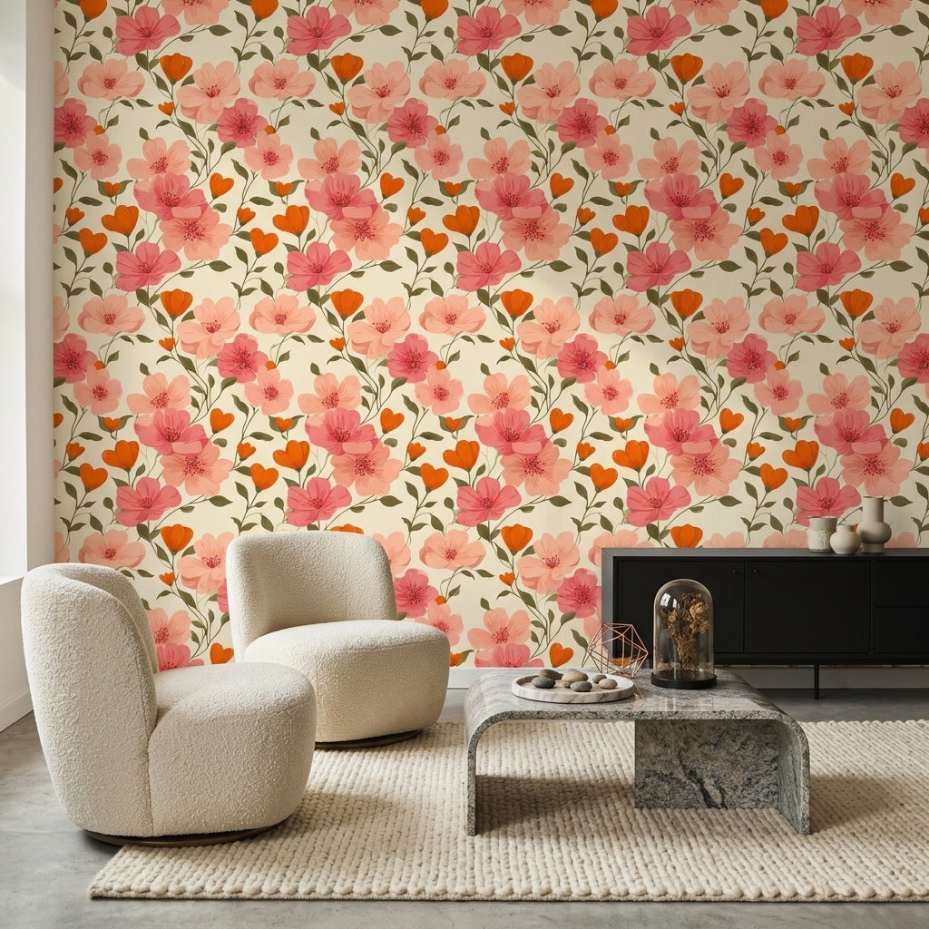 Floral Wallpaper Botanical Removable Pink Blossoms Wall Decor