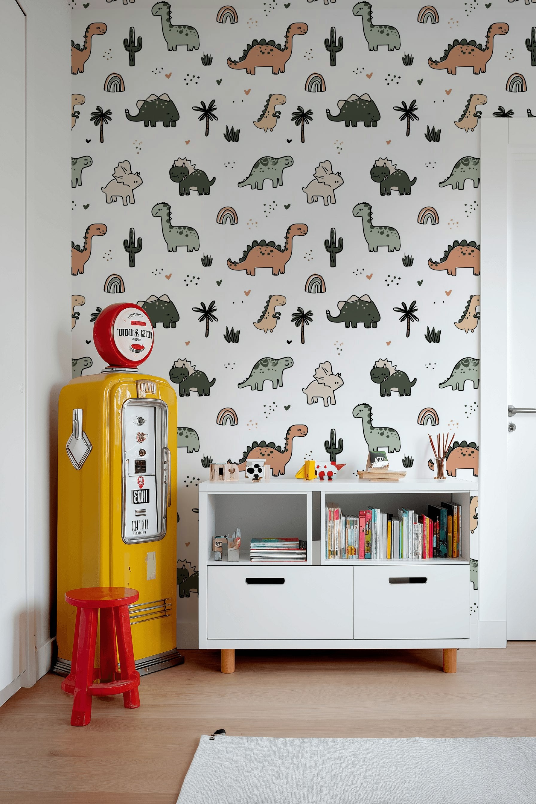 White Background Wallpaper Dino Print Kids Room Removable Wall Decor
