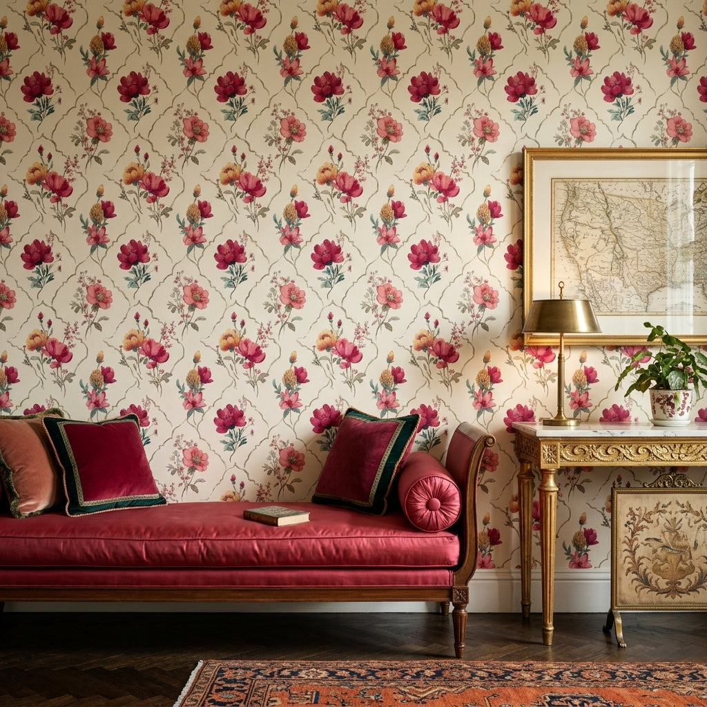 Watercolor Floral Wallpaper Pink Peonies Removable Gold Trellis Wall Decor