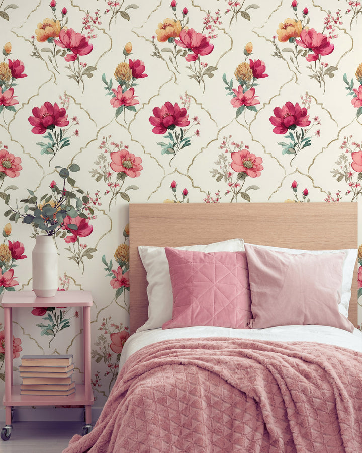 Watercolor Floral Wallpaper Pink Peonies Removable Gold Trellis Wall Decor