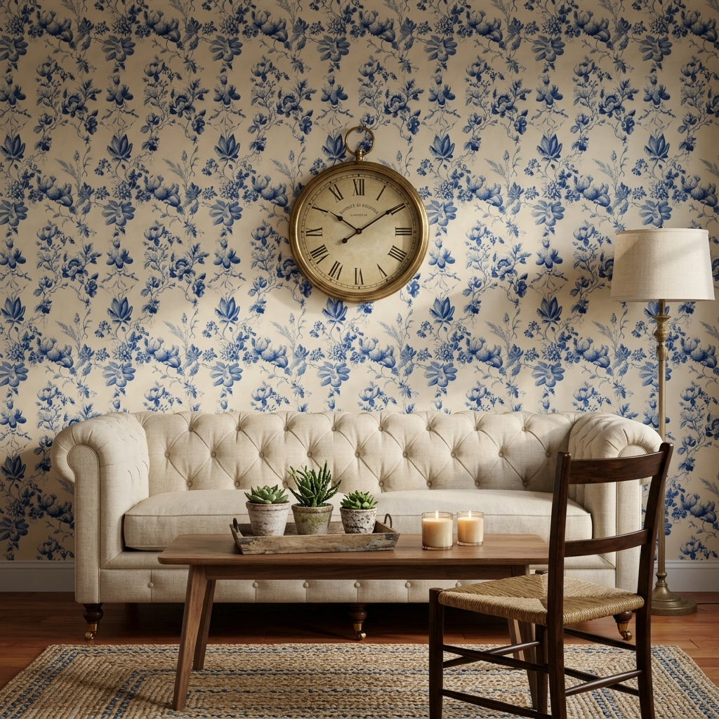 Toile Floral Wallpaper Blue And White Removable Vintage Botanical Wall Decor