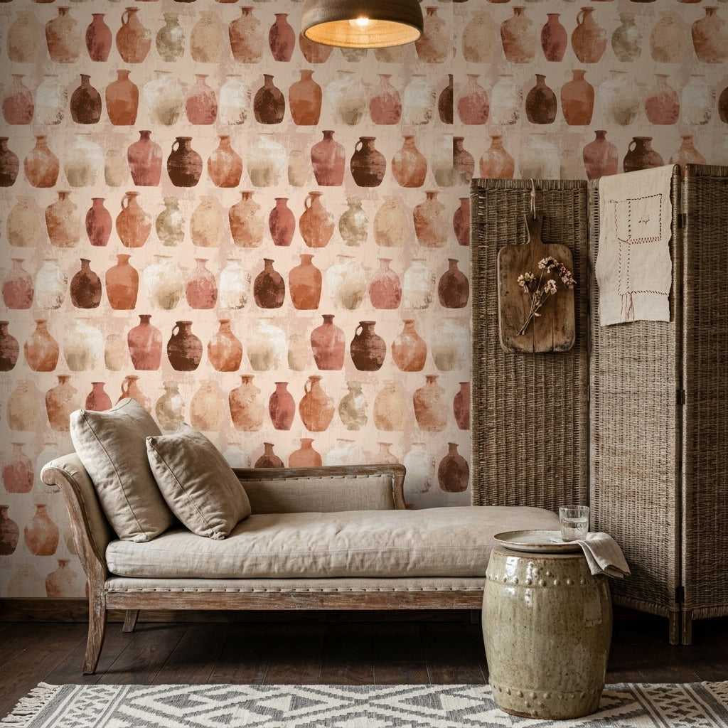 Terracotta Pottery Wallpaper Ceramic Vases Earthy Neutrals Removable Wall Decor